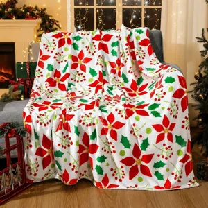 Christmas Poinsettia Flannel Blanket Soft Warm Plush Holiday Decorative Throw Blanket For Winter Home Bed Sofa