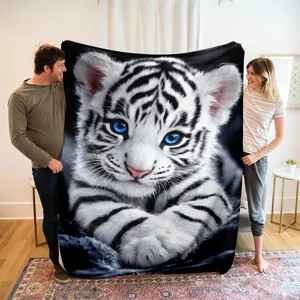 Soft flannel tiger print blanket, highly detailed blue-eyed white tiger pattern throw.