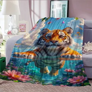 Cute tiger printed flannel blanket, soft cozy throw for bedroom sofa and nap time.