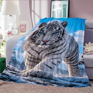 Cozy flannel tiger blanket with vivid white tiger print, soft nap blanket for home decor.
