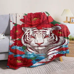 Cozy flannel throw blanket featuring vibrant white tiger and red peony digital print for home.