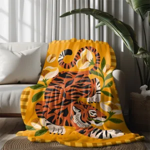 Cozy flannel blanket featuring a cute artistic tiger and floral print for warm home decor.