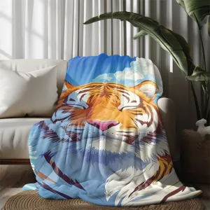 Cute tiger flannel blanket digital print cartoon animal nap blanket for cozy home living room