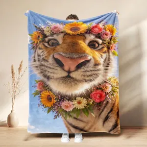 Cute tiger fleece blanket with flower crown design, cozy digital print throw for nap and home decor