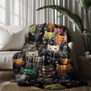Cute colorful cat print flannel blanket cozy sofa throw soft warm pet cat nap blanket home
