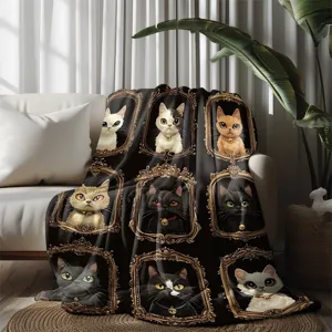 Cozy flannel throw blanket featuring vintage retro cat portraits, ideal for sofa and office naps.
