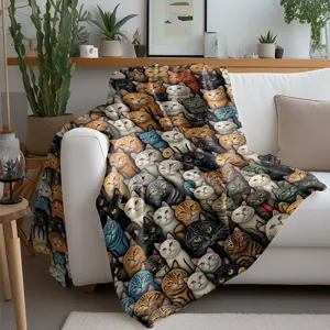 Cute cat flannel throw blanket, soft animal print sofa blanket for office nap and home decor.