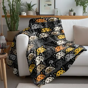 Cute cartoon cat pattern flannel throw blanket sofa cover cozy home office nap detail