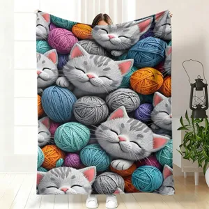 Cute grey cat flannel blanket for sofa, cozy animal print throw for office nap and home bed.