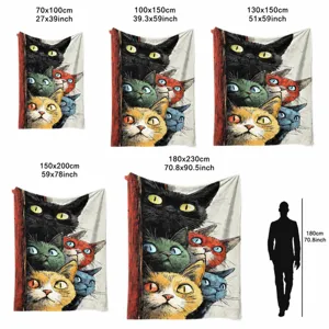 Cute cat flannel throw blanket multiple sizes size chart guide for sofa and office nap use.
