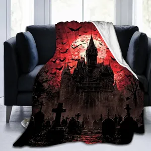 Gedetailleerd overzicht van Halloween gotisch kasteel deken, eng vleermuis en maan design.