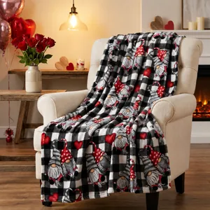 Black and White Plaid Couple Gnomes Love Flannel Blanket Valentine Day Decorative Throw Blanket Soft Warm Bedding Blanket