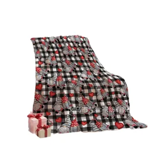 Flannel blanket with black and white plaid gnome and red heart pattern for Valentine's Day decor