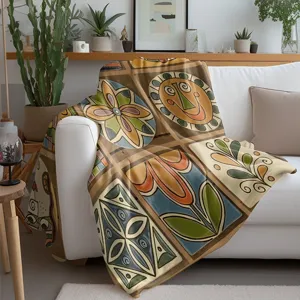 Vintage floral flannel blanket sofa throw with artistic tile patterns, cozy home decor nap blanket.