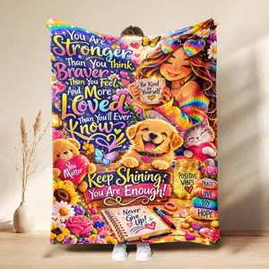 Custom motivational fleece blanket with colorful cute cartoon prints, perfect Mother's Day gift.