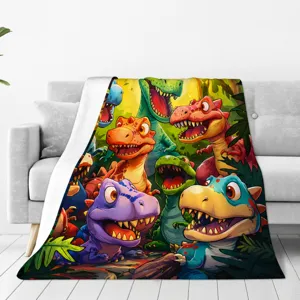 Soft Warm Flannel Fleece Throw Blanket Cartoon Dinosaur Print Lightweight Cozy Bed Blanket For Home Sofa Living Room