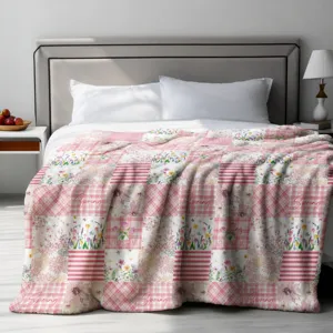 Pink floral patchwork flannel blanket for cozy bedroom sofa bed rest and warm home decor.