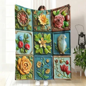 Vintage 3D floral flannel blanket retro tile print throw blanket for couch sofa bed cozy