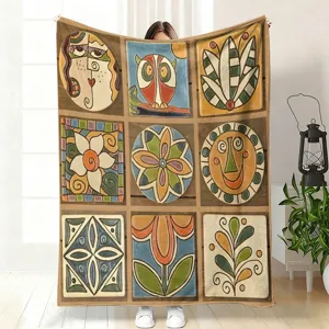 Vintage floral flannel blanket with 3D hand-painted botanical art design for sofa nap.