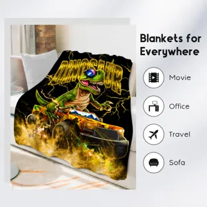 Cute cartoon dinosaur flannel blanket detail view, ultra soft and cozy plush warm throw for bed.