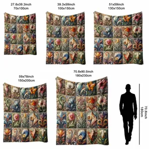 Vintage floral flannel blanket size chart with multiple dimensions for sofa and bedroom use.