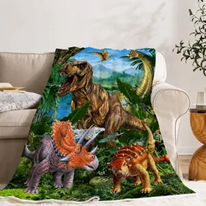 Detailed view of the cute dinosaur flannel blanket, soft plush fabric for cozy living room use.