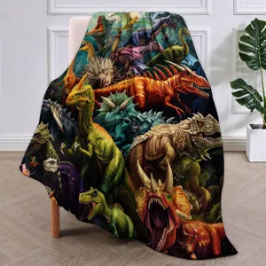 Detailed view of the cute dinosaur cartoon flannel blanket, soft plush fabric texture.
