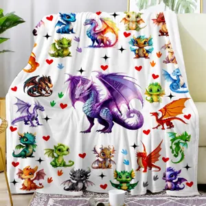 Detailed view of cute cartoon dragon print on soft flannel fleece blanket, cozy texture.
