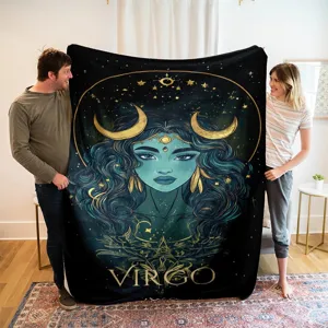 Black Virgo constellation flannel blanket, celestial astrology star throw for home bed couch.