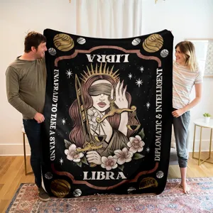 Libra zodiac flannel blanket detail featuring custom astrology art and inspirational typography.