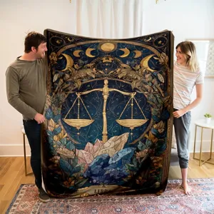 Astrological Libra design flannel blanket lifestyle detail showcasing soft texture and starry pattern.