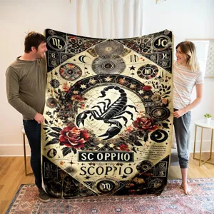 Scorpio zodiac constellation fleece blanket lifestyle photo showcasing large vintage design.