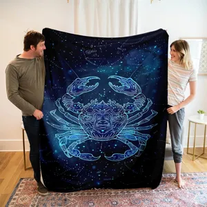 Detailed view of a starry night constellation flannel blanket with zodiac crab pattern.