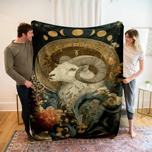 Aries zodiac constellation fleece blanket with celestial moon phase design for cozy home decor.
