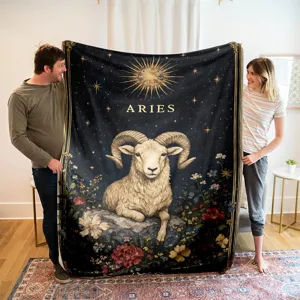 Detail view of the Aries zodiac flannel blanket with starry night design. Cozy and warm.