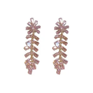 Sweet pink crystal zircon fishbone long dangle earrings elegant Korean style fashion jewelry.