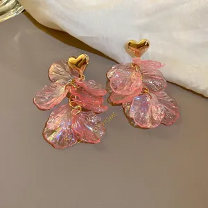 Sweet pink acrylic petal tassel earrings with gold heart stud for women fashion daily wear