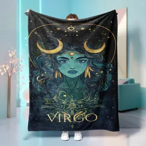 Constellation Virgo flannel throw blanket, celestial star art design soft warm bedding.