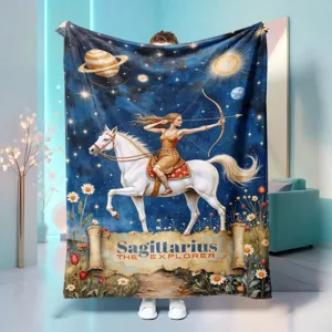 Sagittarius fleece blanket with celestial star map and archer design for cozy home decor.
