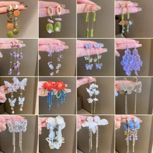 Alloy Artificial Pearl Rhinestone Butterfly Flower Tassel Drop Earrings For Women Elegant Long Crystal Rhinestone Jewelry With 925 Sterling Silver Post