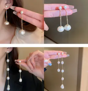 Elegant long pearl tassel earrings with crystal chains, sweet and stylish chic ear jewelry.