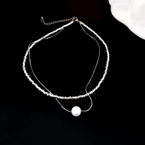 Double layer pearl and crushed silver chain necklace, minimalist clavicle jewelry for women