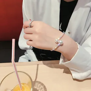 Elegant double pearl rhinestone open cuff bracelet and ring set for women fashion jewelry.
