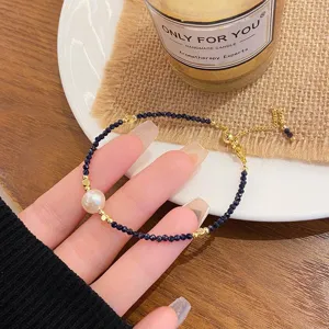 Freshwater pearl crystal beaded bracelet, Korean style sweet jewelry for women daily wear.