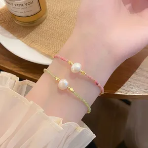 Delicate freshwater pearl and crystal beaded bracelet set, sweet ins style detail jewelry.
