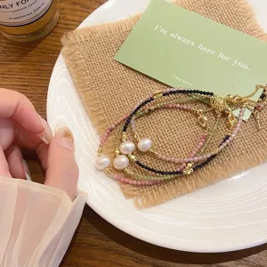 Chic freshwater pearl and crystal beaded bracelet stack, sweet minimalist style fashion jewelry.