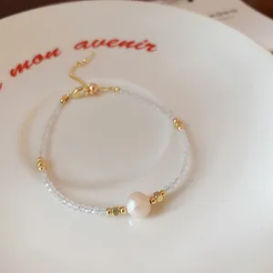Freshwater pearl crystal beaded bracelet, sweet minimalist ins style elegant jewelry piece.