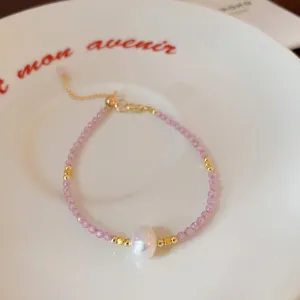 Sweet pink crystal freshwater pearl beaded bracelet, dainty aesthetic jewelry for women.