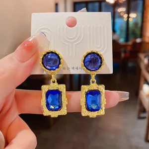 Vintage blaue Strass geometrische Ohrringe, Retro Gold Metall Hängeohrringe für elegante Damen