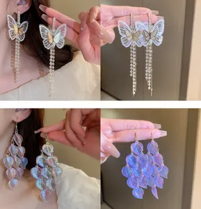 Elegant butterfly and leaf tassel earrings, crystal silver needle design for women sweet jewelry.